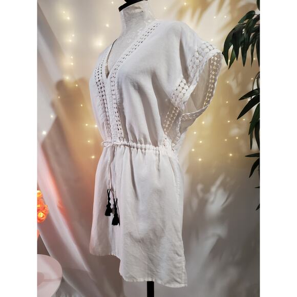 J. Crew Poplin Linen Cotton Tassel Tie Waist Tunic Dress Womens Size XXS White - Picture 3 of 12